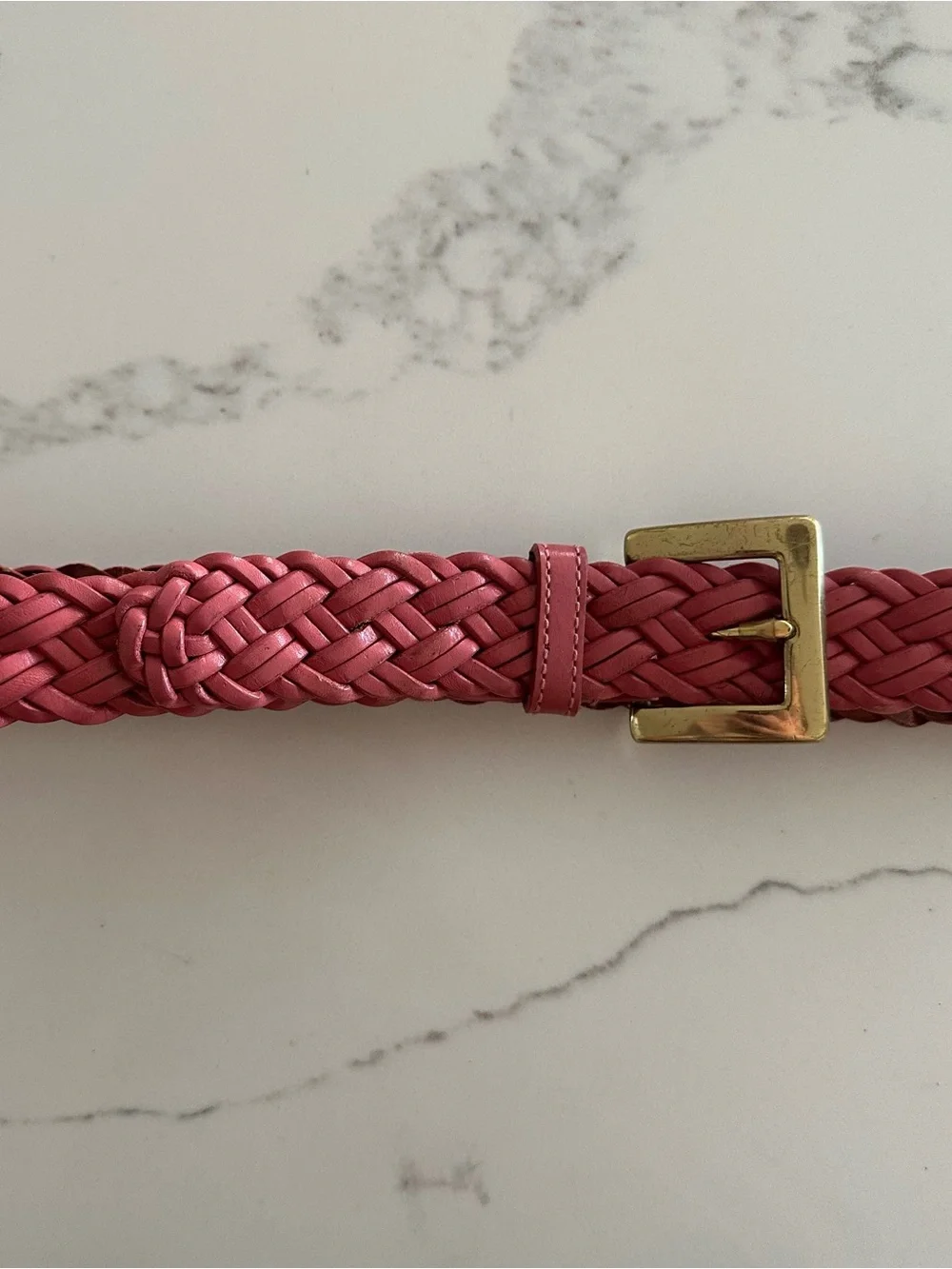 Vintage Talbots Braided Leather Belt Solid Brass Square Buckle Gloss Pink M